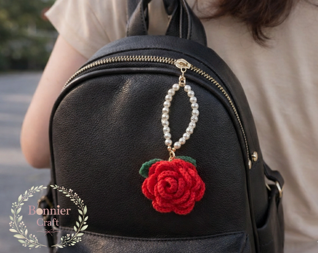 Handmade Crochet Rose Pearl Chain Bag Charm Keychain - Vintage Elegant Car Accessory | Bonnier Craft