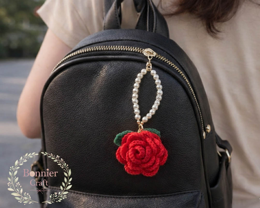 Handmade Crochet Rose Pearl Chain Bag Charm Keychain - Vintage Elegant Car Accessory | Bonnier Craft