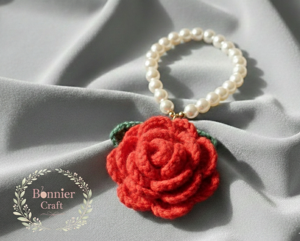 Handmade Crochet Rose Pearl Chain Bag Charm Keychain - Vintage Elegant Car Accessory | Bonnier Craft